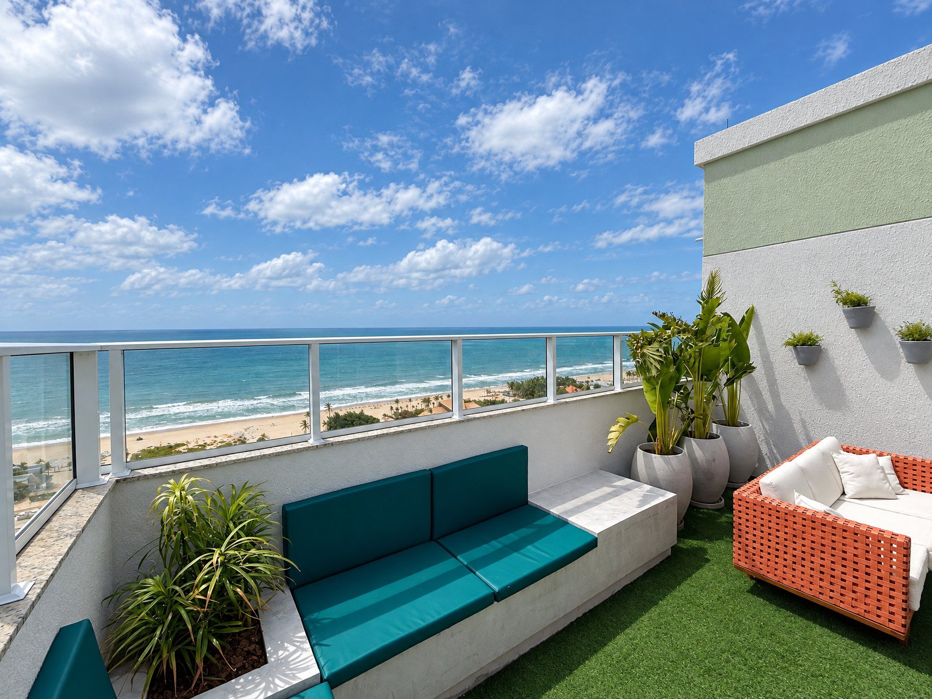 A balcony with a view of the beach, a seating area with cushions, and potted plants.