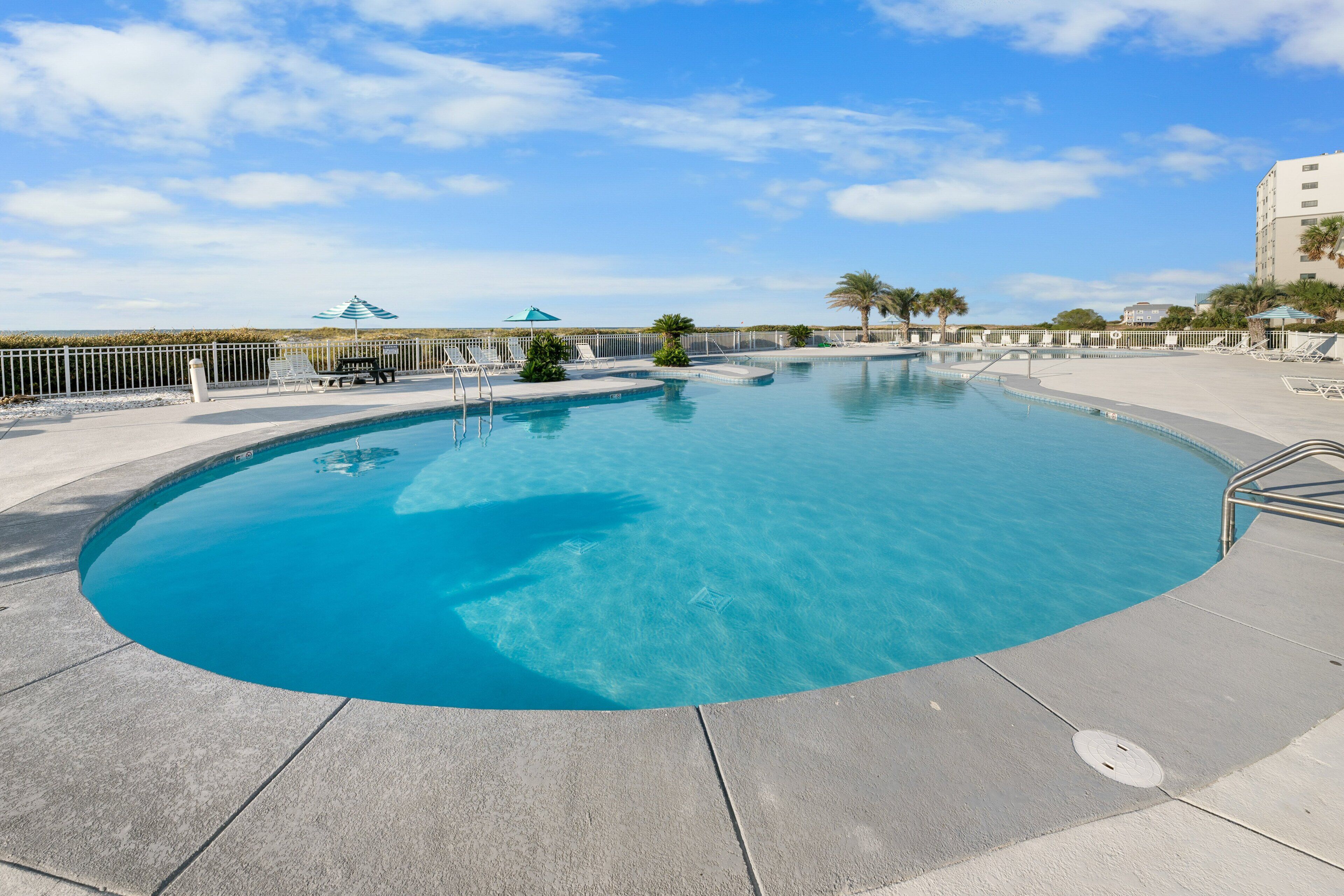 A clear blue swimming pool with a curved edge, surrounded by a white fence, and a palm tree in the background.