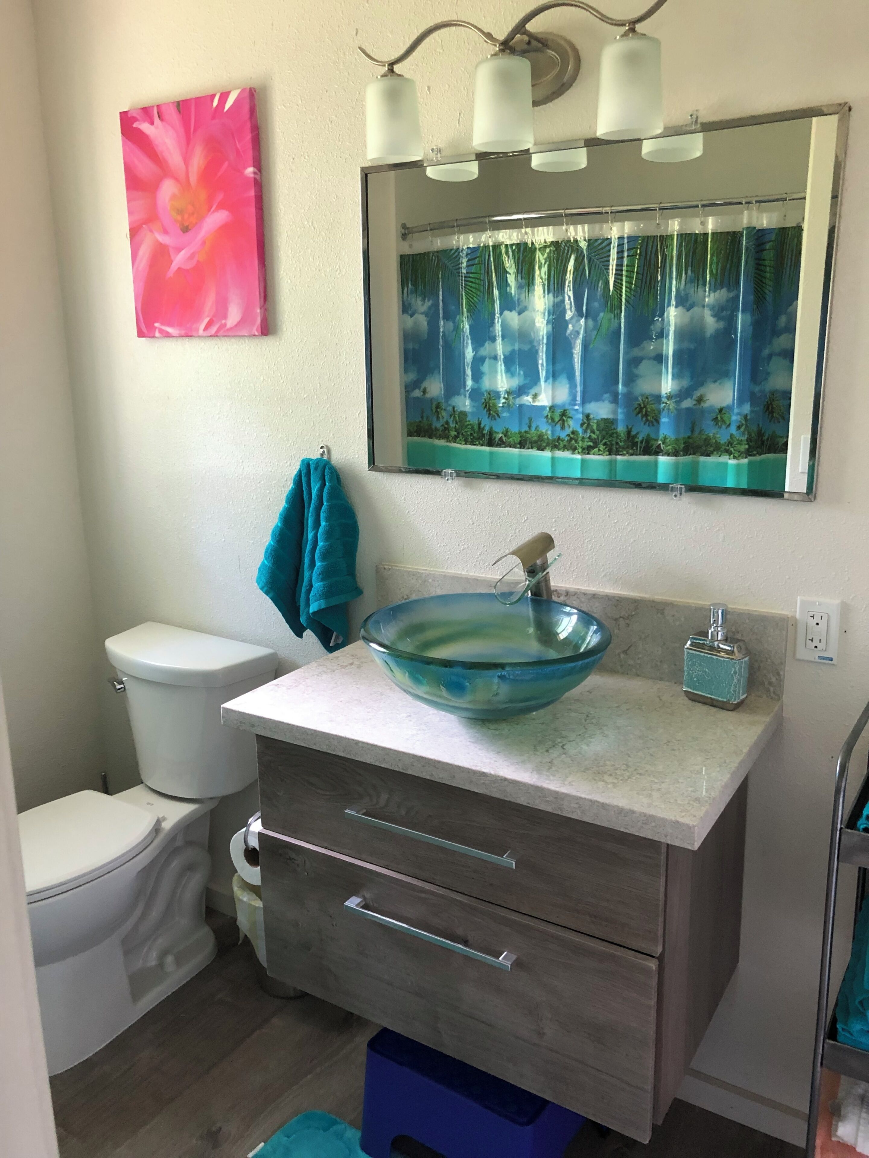 Hair dryer, towels, soap, toilet paper
