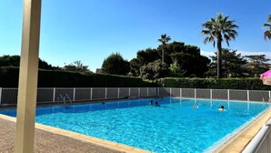 Ein Swimmingpool mit weißem Zaun, klarem, blauem Wasser und Palmen im Hintergrund.