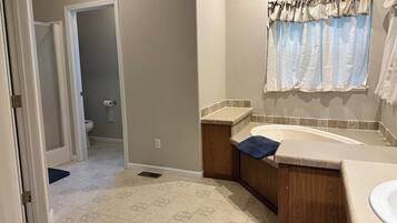 Une salle de bain avec une baignoire, des toilettes et un espace douche.