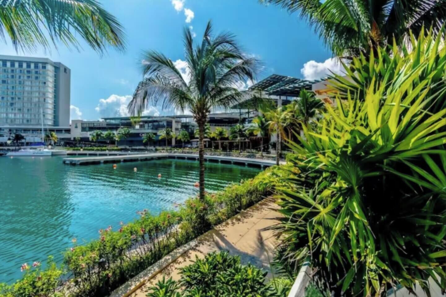 A waterfront hotel with a pool, palm trees, and modern buildings in the background.