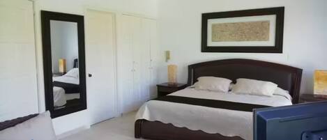 A bedroom with a bed, a mirror, a framed picture, and a television.