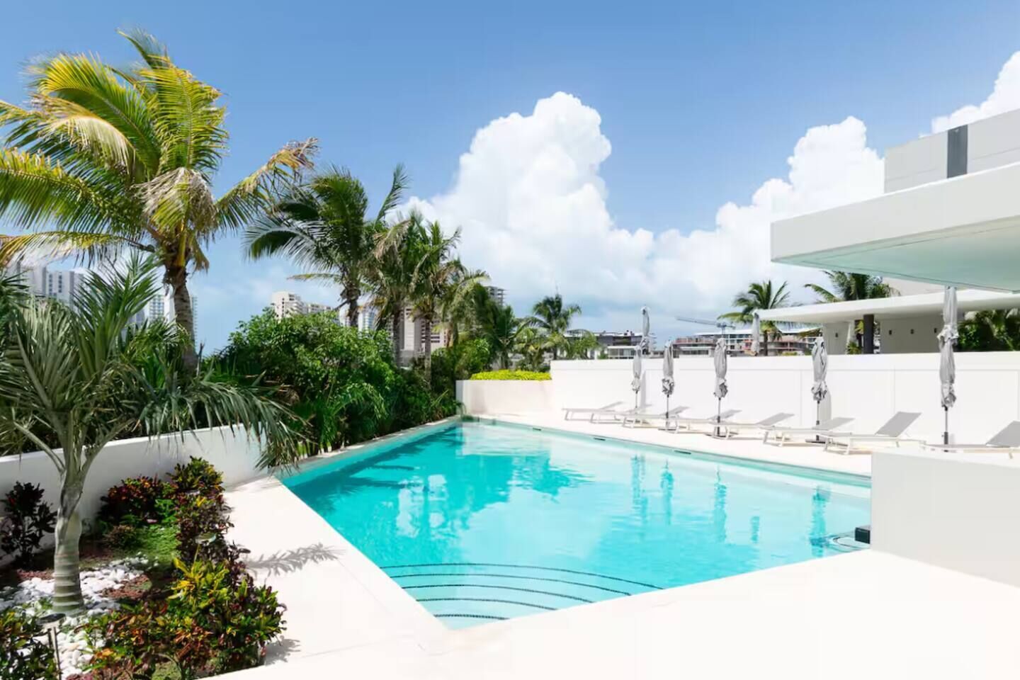 Une piscine entourée de palmiers et de verdure, avec des chaises longues et des parasols.