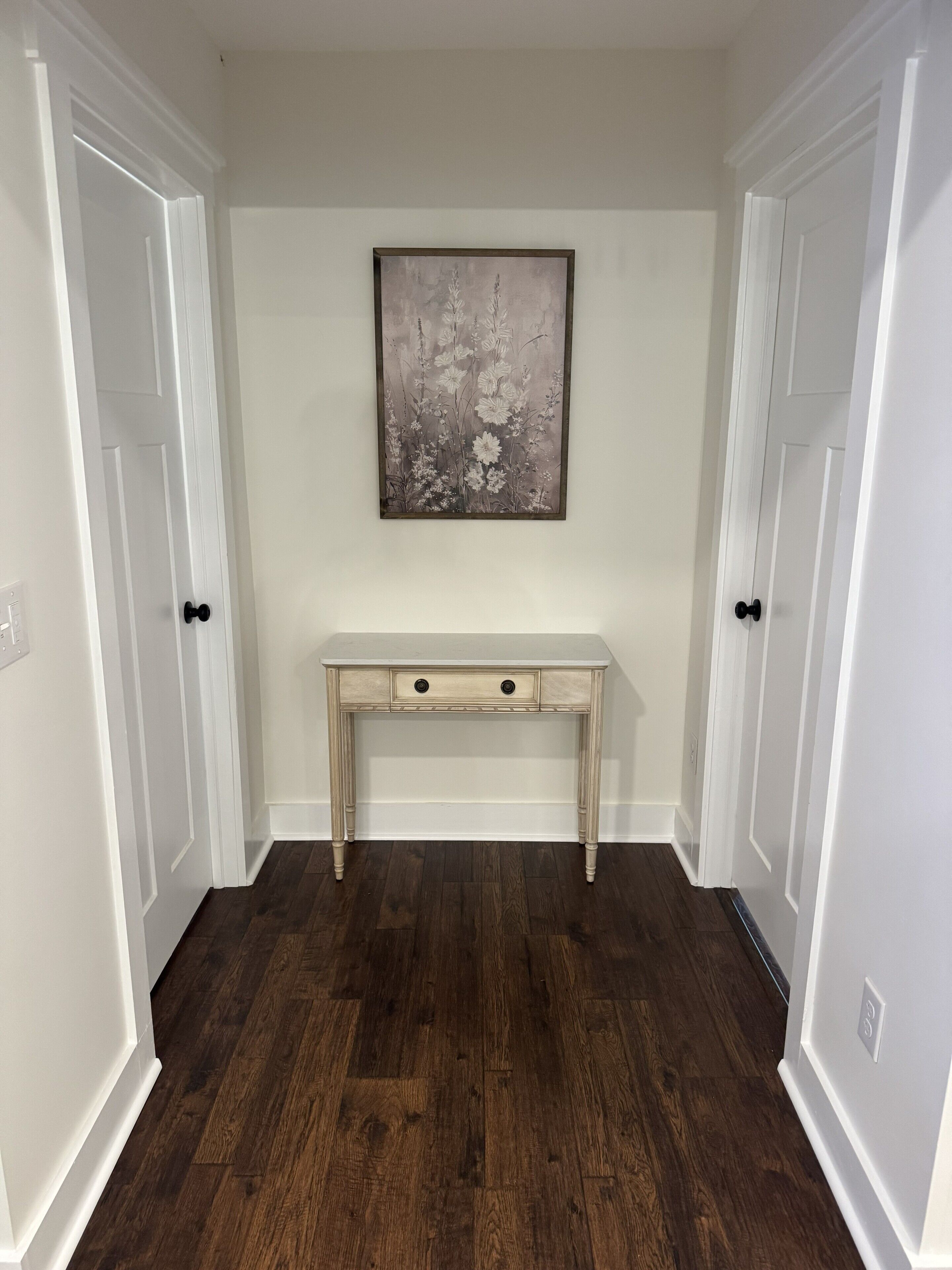 A hallway with a white desk, two doors, and a framed artwork on the wall.