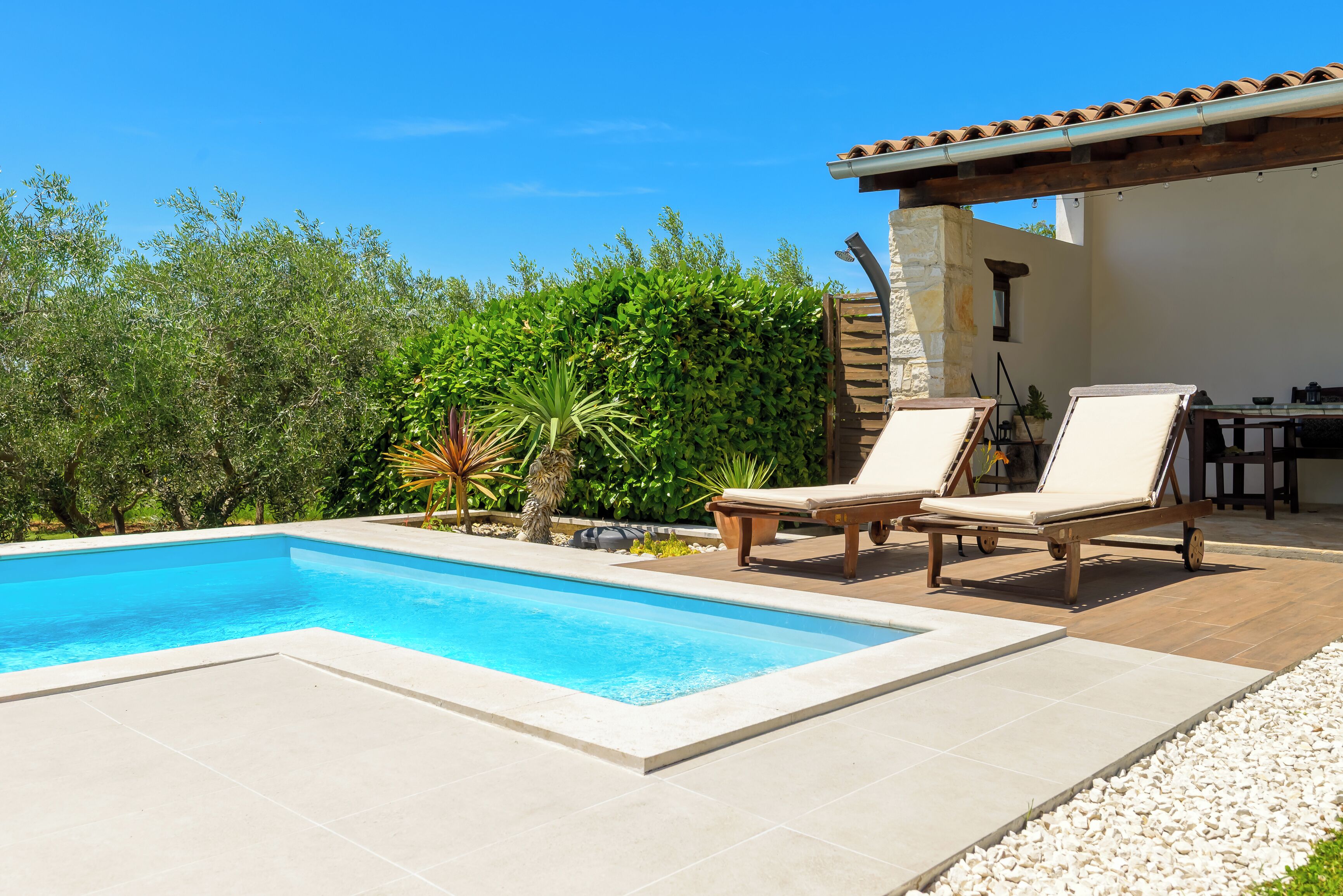 Piscina con dos sillas de descanso, rodeada de follaje y un muro de piedra.