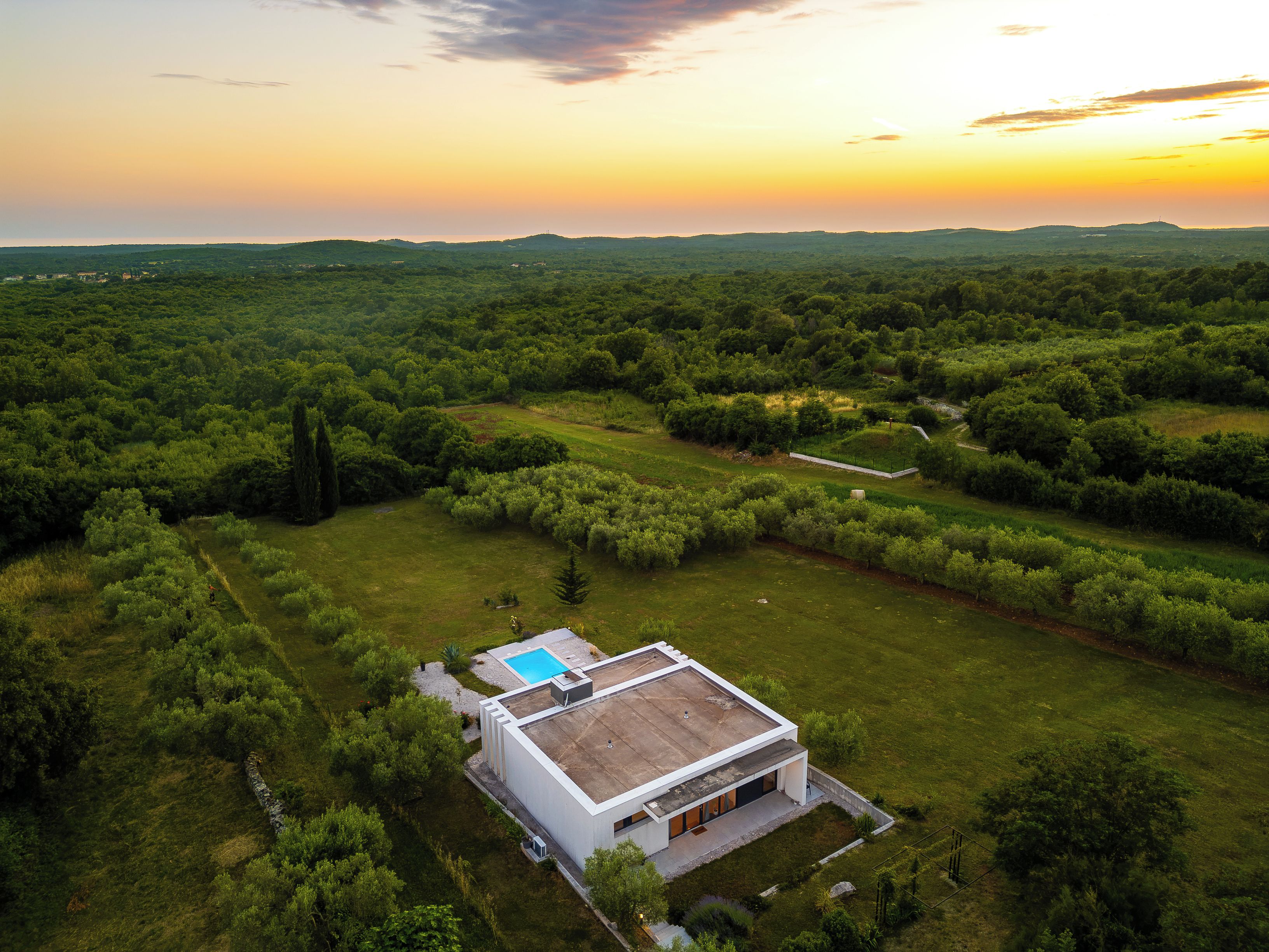 Une maison moderne avec une piscine, entourée d’une végétation luxuriante et avec des collines en arrière-plan.