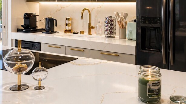 A modern kitchen with a marble countertop, a black refrigerator, and a glass cabinet above the sink. - 2-bedroom apartment in fantastic Fort Lauderdale beach walking distance (Fort Lauderdale)