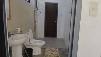 Shower, bidet, towels, soap