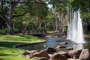 Ein friedlicher Park mit einem Teich, einem Wasserfall und einer Brücke.