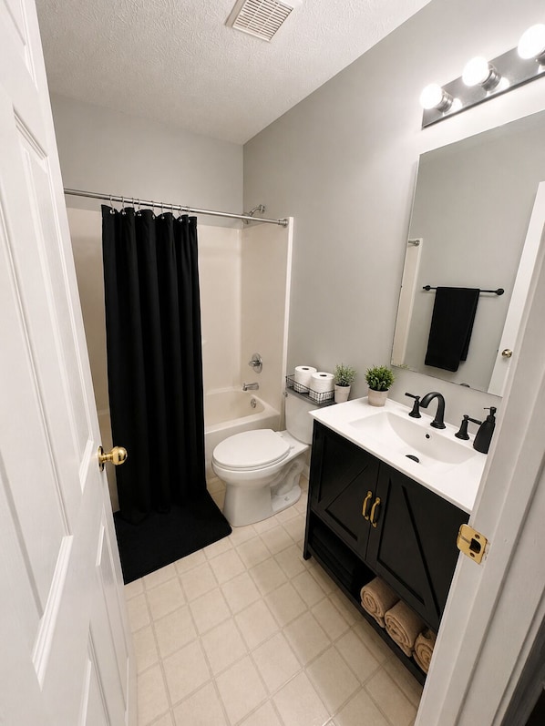 Hair dryer, towels, soap, toilet paper