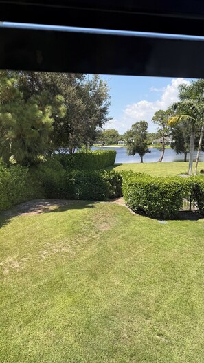 A well-maintained grassy area with a pathway leading to a body of water, surrounded by dense foliage and a few palm trees. - Private guest house near Beach Restaurants Shopping!. (Naples)