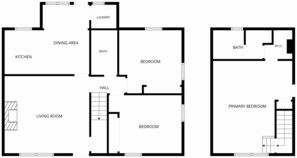 A floor plan with a dining area, kitchen, living room, hall, two bedrooms, a bathroom, and a W.I.C. - Ocean Springs Retreat, 5 min to downtown, Sleeps 8 (Ocean Springs)