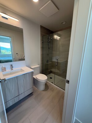A modern bathroom with a glass-enclosed shower, a toilet, and a sink with a mirror above it. - Penthouse 3 Bedroom 2 Bathroom with a Lake View! 5 Minute walk to the Beach (Penticton)