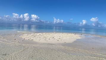On the beach, sun loungers