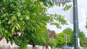 A street sign for Fraser St. 3800, a sidewalk, a person walking a dog, and parked cars. - Cozy Home in Vancouver (Vancouver)
