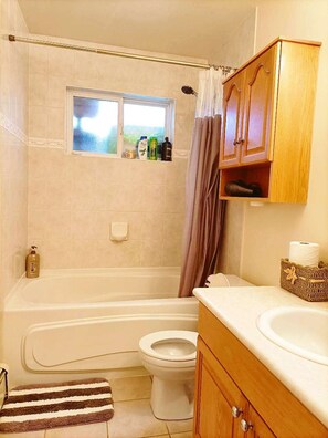 Vòi sen/bồn tắm kết hợp, máy sấy tóc, dép đi trong nhà, khăn tắm 