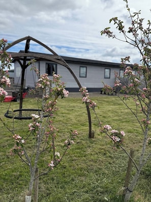 A residential area with a swing set, a lawn, and a house in the background.