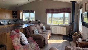 A spacious living area with a kitchen, a fireplace, and large windows offering a view of the outdoors.
