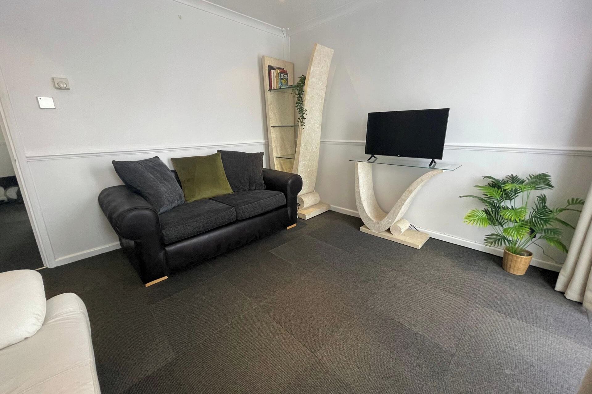 Een woonkamer met een zwarte bank, een flatscreen televisie op een meubelstuk, een kamerplant en een boekenkast.