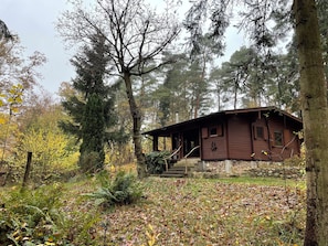 A cabin with a stone foundation, surrounded by a forest with autumn foliage. - A cozy log cabin with a sauna and fireplace right next to the forest (Karwitz)