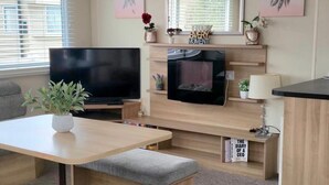A modern living room with a flat-screen TV, a fireplace, a dining table with a bench, and a bookshelf with books.