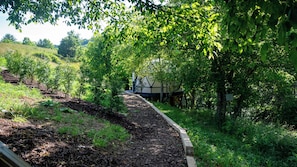 A garden pathway with trees and shrubs, leading to a building with a sloped roof.