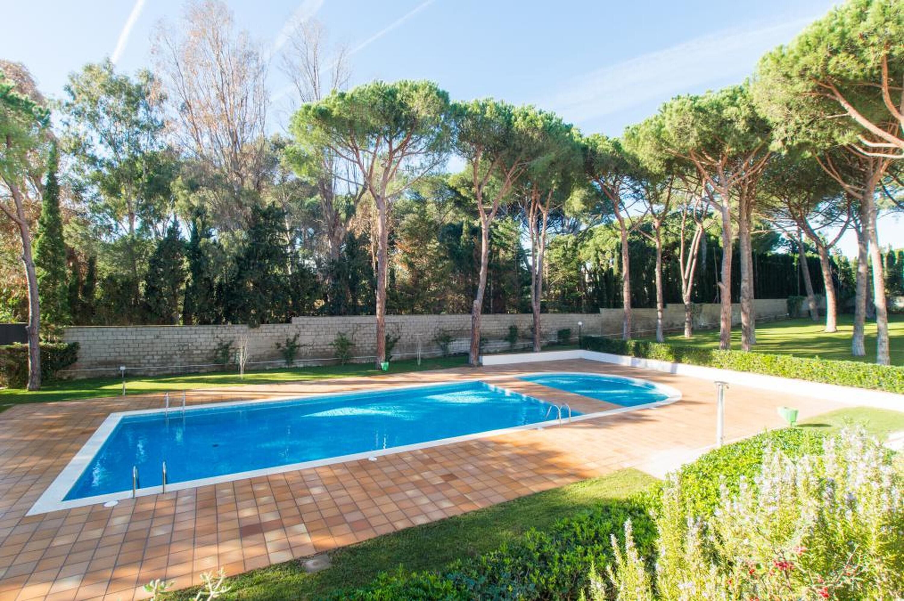 Una piscina rectangular con plataforma de baldosas, rodeada por un césped y árboles cuidados.