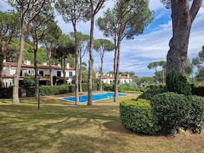 Eine Villa mit Schwimmbad, umgeben von Bäumen und gepflegten Rasenflächen.