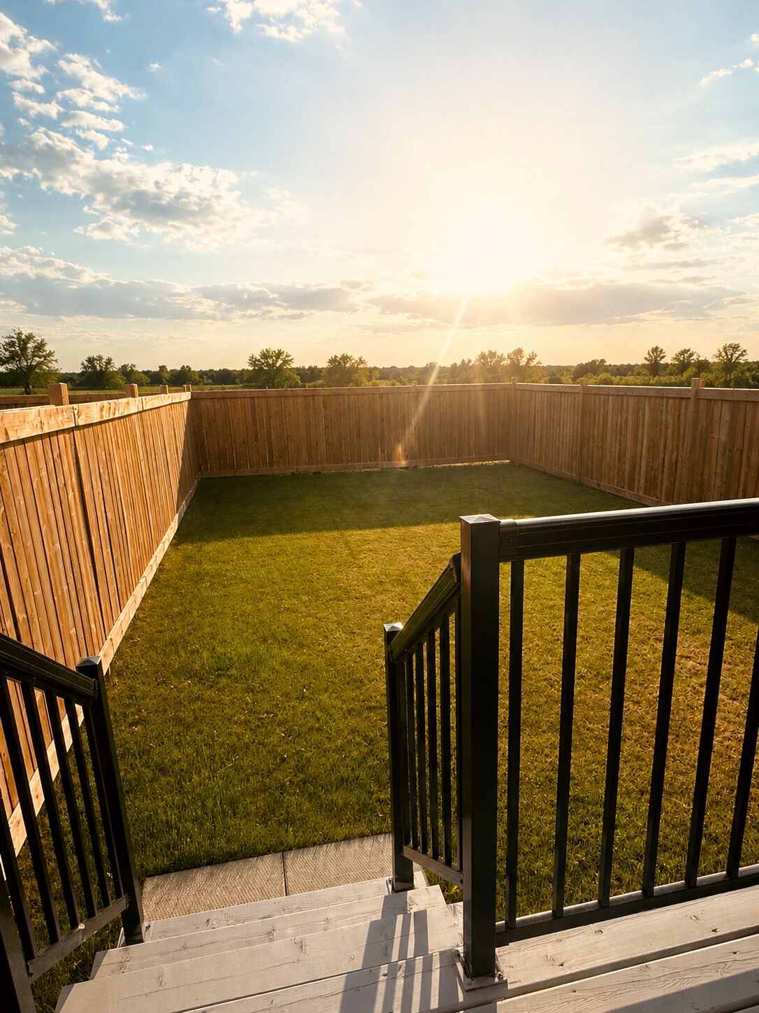 Une cour arrière clôturée avec une pelouse et une terrasse en bois.