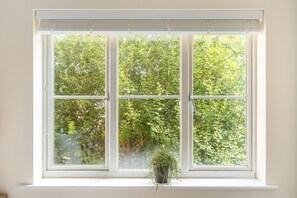 Ein Fenster mit Blick auf grüne Pflanzen.
