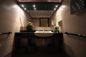 Un baño moderno con un lavamanos blanco, encimera negra y un espejo encima. Hay dos luces en el techo, y una planta sobre la encimera.