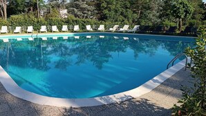 A rectangular swimming pool with a clear blue water surface, surrounded by a concrete deck and white lounge chairs. - Park Hotel Galileo (Reggello)