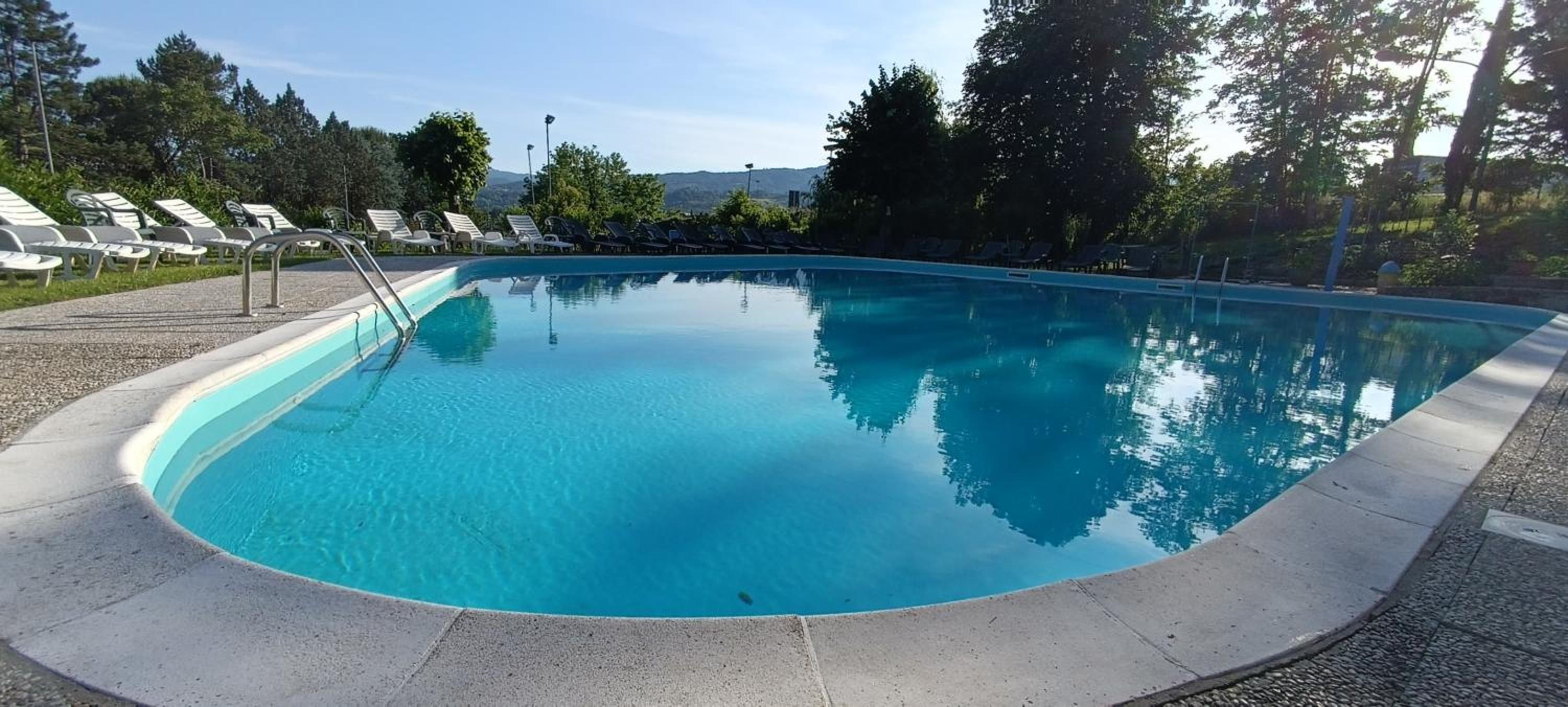 A clear blue swimming pool with a curved edge, surrounded by a paved deck and lounge chairs.