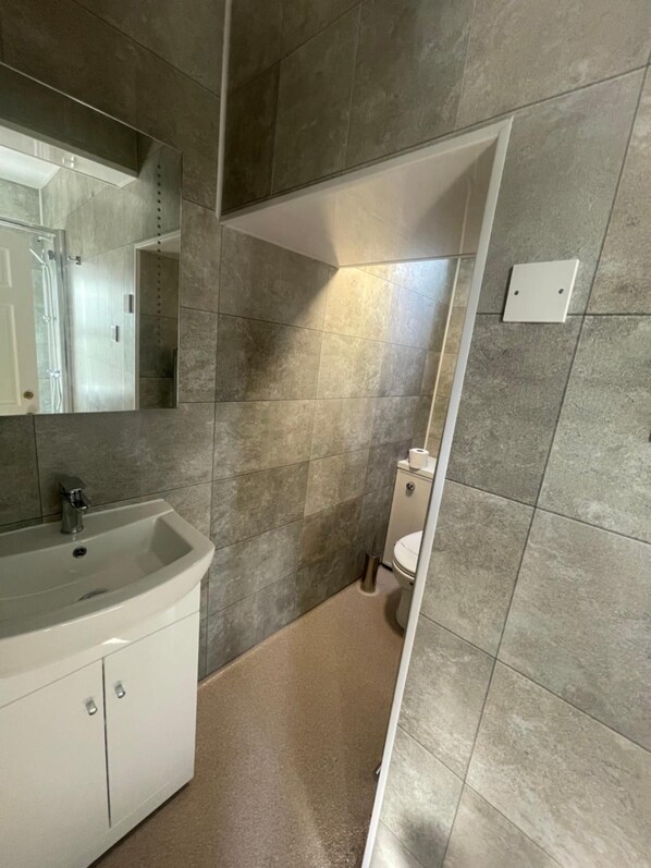 Baño con lavamanos, espejo e inodoro.