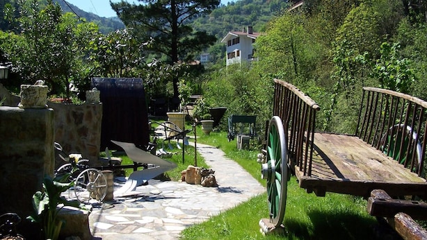 A stone pathway leading to a wooden deck with a green wheelbarrow, surrounded by lush greenery and a mountain backdrop. - Adeko Hotel (Barakaldo)