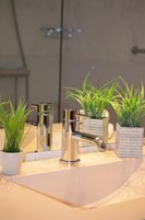 A bathroom with a modern sink, two chrome faucets, and three potted plants.