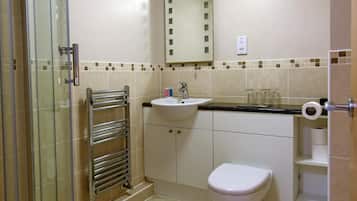 A bathroom with a glass shower enclosure, a sink, a toilet, and a mirror.