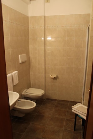 A bathroom with a toilet, bidet, and a shower stall.