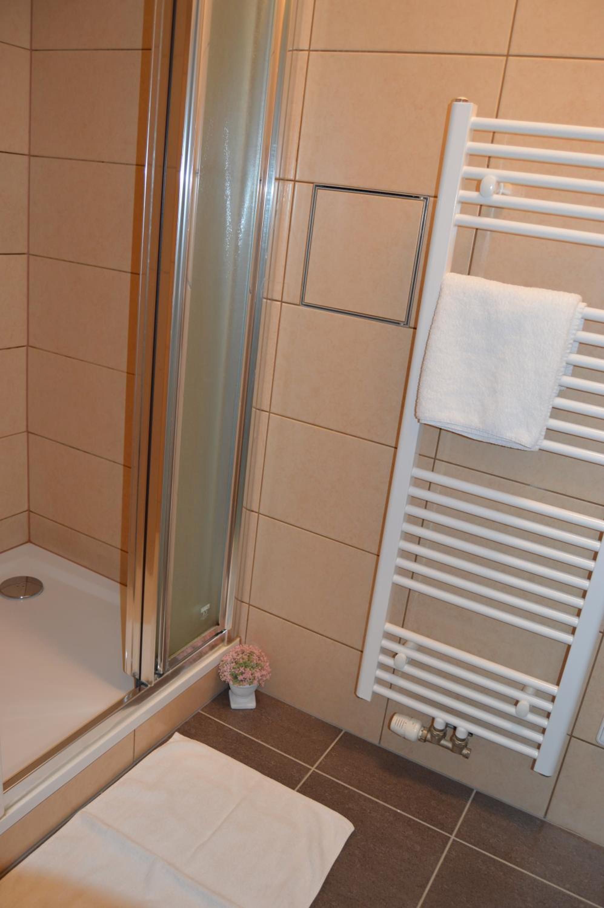 Ein Badezimmer mit Dusche, einem weißen Handtuchhalter und einer kleinen Topfpflanze.