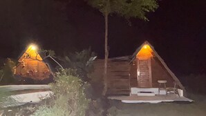 Two wooden cabins at night with lights on, surrounded by vegetation.