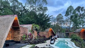 A resort with thatched-roof cabins, a swimming pool, and a natural forest backdrop.