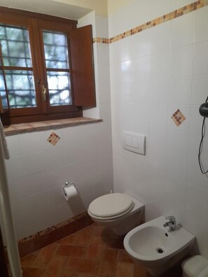 A bathroom with a toilet, bidet, and a window with a wooden frame. - Poggio Desto Bed & Breakfast (Quarrata)