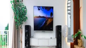 A living room with a flat-screen TV, two speakers, a sofa, a coffee table, a plant, and a mirror. - Cozzy Villa Snyaman (batu)