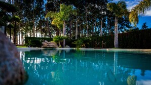 A swimming pool surrounded by tropical trees and rocks. - Hotel Dinajan (Vilanova de Arousa)