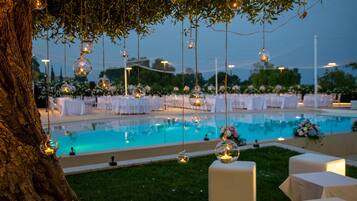 An outdoor pool area with hanging glass orbs containing candles, surrounded by tables with white tablecloths.
