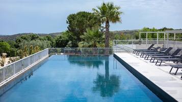A rectangular swimming pool with a white railing, surrounded by lounge chairs and palm trees, with a view of hills in the background.