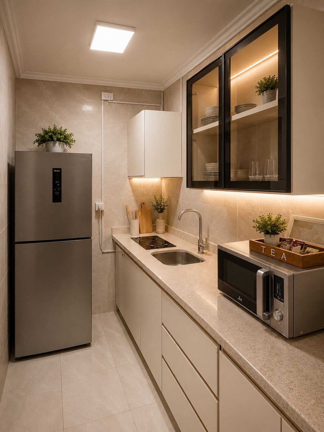 Una cocina moderna con refrigerador incorporado, microondas y lavaplatos.