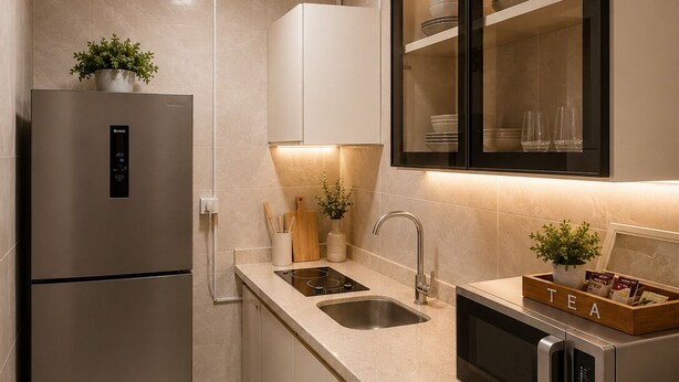Una cocina moderna con refrigerador incorporado, microondas y lavaplatos.