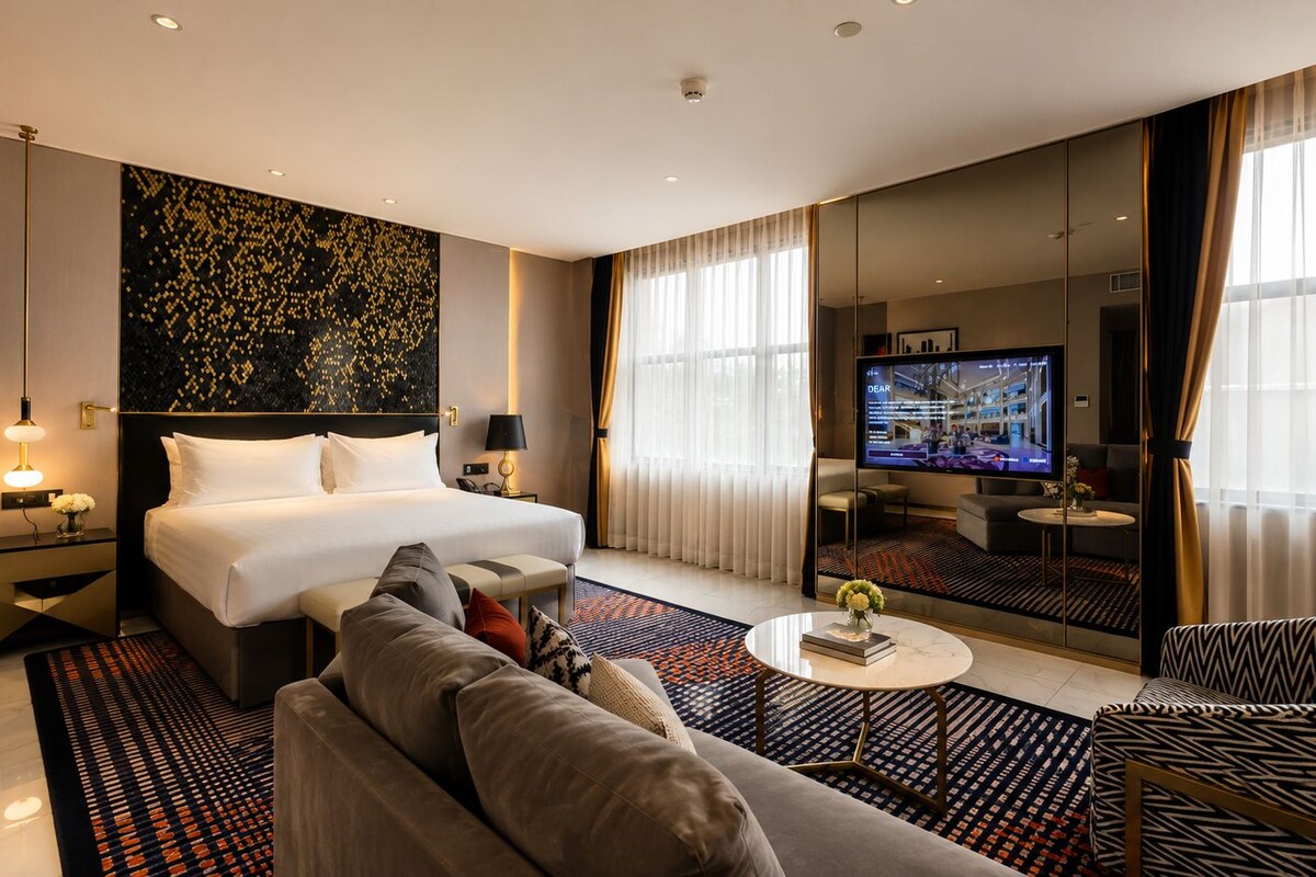 Una habitación de hotel con una cama grande, un sofá, un televisor y un espejo.